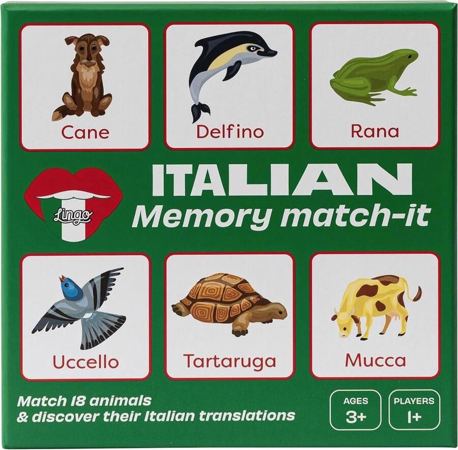 Lingo Italiaanse Memory Match-It Matching Memory Kaartspel Educatieve flashcards voor de Italiaanse taal Leuke woordenschatbouwer 17x17x2cm 95gr