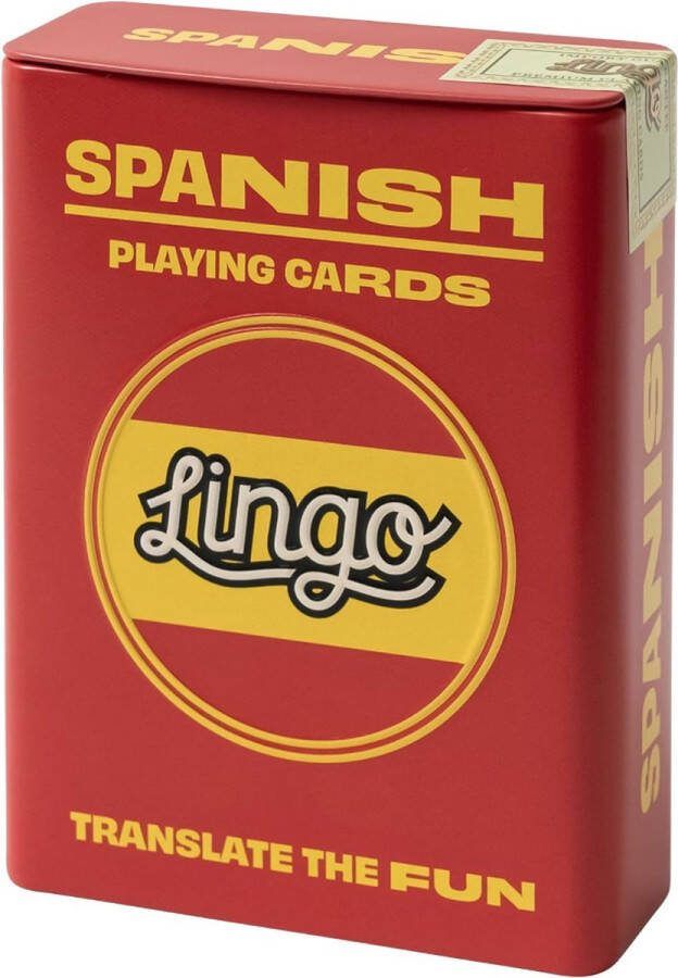 Lingo Spaanse speelkaarten in blikken doos speelkaarten Taal leren spel set Leuk Visueel Flashcard Deck om de woordenschat en uitspraak vaardigheden te verhogen 52 essentiële vertalingen Talen leren reizen spel 6.71x1.8x8.99cm 181g