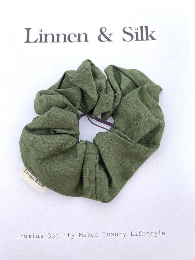 Linnen & Silk 100% Hoogwaardig Vegan Linnen Chique Scrunchie 6CM L Forest Green Groen