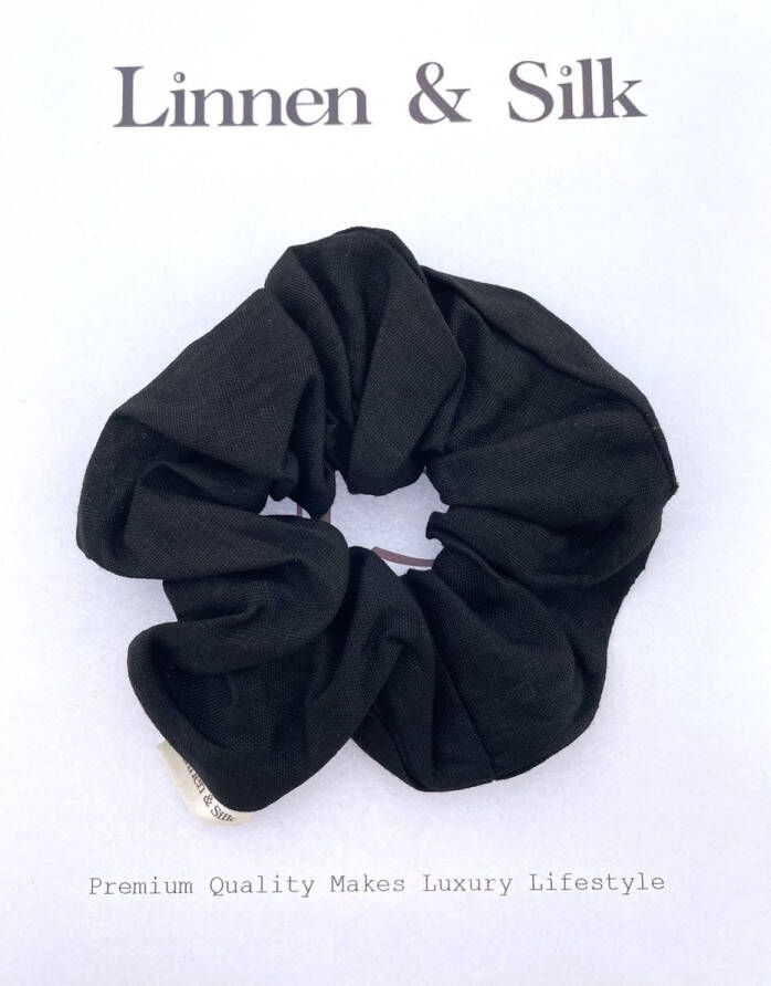 Linnen & Silk 100% Hoogwaardig Vegan Linnen Chique Scrunchie 6CM L Phantom Black Zwart
