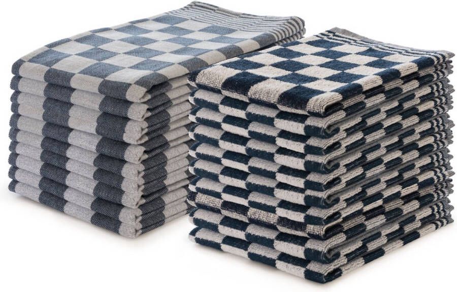 LINNICK Theedoeken en Keukendoeken Set Blauw set van 20 – Geblokt – Blokdoeken – 100% katoen – 10 Horeca Theedoeken – 65x65cm 10 Keukendoeken 50x50cm
