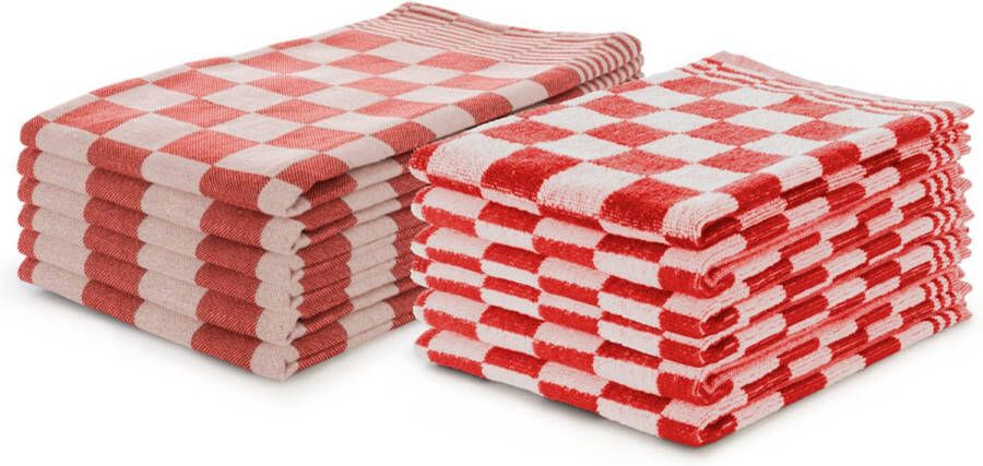 Ten Cate Theedoeken en Keukendoeken Set Rood Set van 12 – Geblokt – Blokdoeken – 100% katoen – 6 Horeca Theedoeken – 65x65cm 6 Keukendoeken 50x50cm