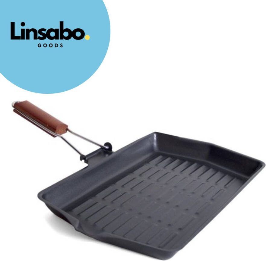 Linsabo Goods Zwarte Grillpan Braadschaal 38x45 cm met Anti-aanbaklaag en Inklapbaar Houten Handvat Geschikt voor Gas Elektrisch en Keramisch Koken