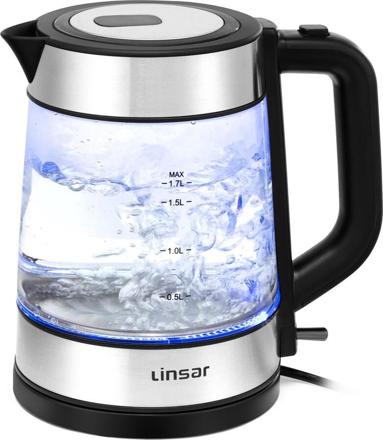 Linsar Waterkoker Borosilicaatglas 1 7 liter BPA-vrij STRIX-verwarmingssysteem Blauwe LED-verlichting snelkookfunctie kalkfilter automatische uitschakeling en droogbeveiliging 2200