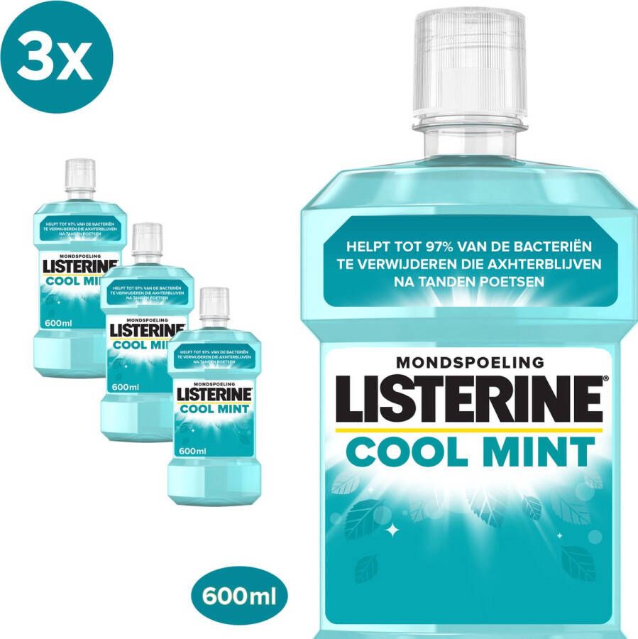 Listerine Cool Mint mondwater verfrissende mondwaterspoeling voor bestrijding van schadelijke bacteriën voor gezond tandvlees 3x500ml