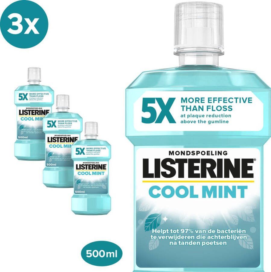 Listerine Cool Mint mondwater verfrissende mondwaterspoeling voor bestrijding van schadelijke bacteriën voor gezond tandvlees 3x500ml