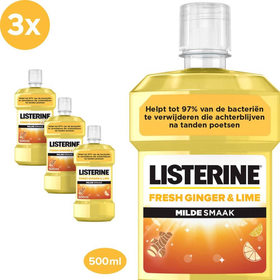 Listerine Fresh Ginger & Lime mondwater met gember- en limoenextract mondspoeling zonder alcohol voor een frisse adem 3 x 500 ml