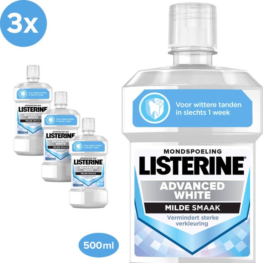 Listerine Mondwater Advanced White Milde Smaak mondspoeling verwijdert sterke verkleuring voor wittere tanden in slechts 1 week 3x 500 ml