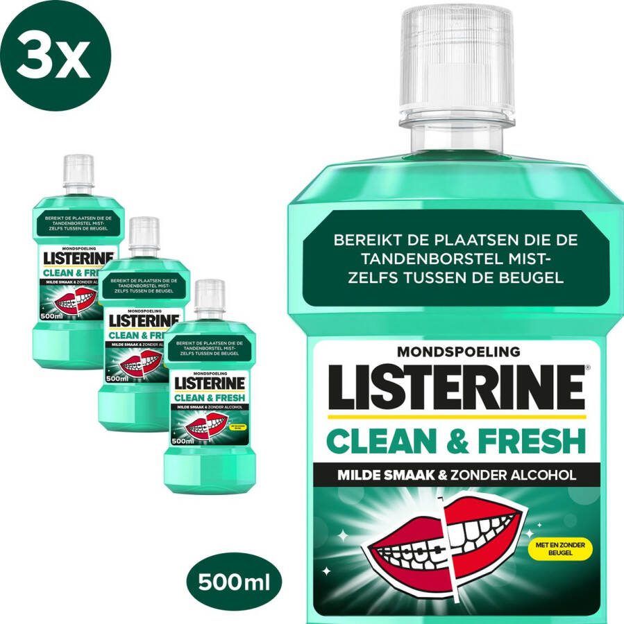Listerine Clean & Fresh mondwater met essentiële oliën en fluoride zonder alcohol bereikt de plaatsen die de tandenborstel mist – zelfs tussen de beugel 3 x 500 ml