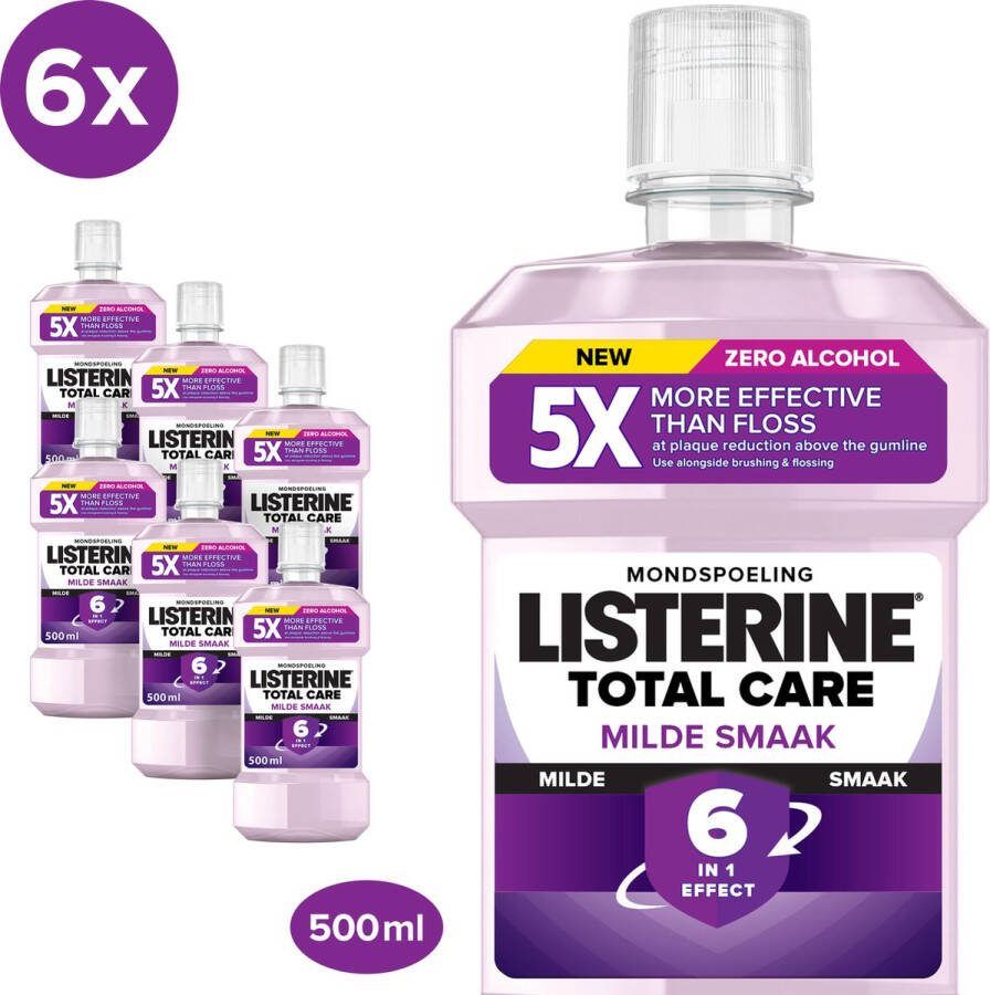 Listerine Mondwater Extra Milde Smaak mondspoeling zonder alcohol helpt bacteriën verwijderen 6 x 500ml
