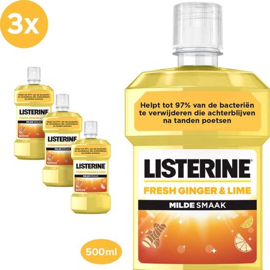 Listerine Fresh Ginger & Lime mondwater met gember- en limoenextract mondspoeling zonder alcohol voor een frisse adem 3 x 500 ml