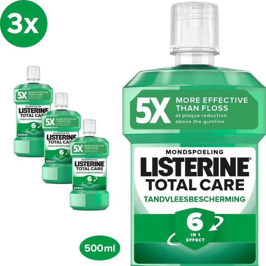 Listerine Total Care Tandvleesbescherming: mondspoeling voor complete bescherming voor gezond tandvlees met 6-in-1 effect met essentiële oliën fluoride en zinkformule 3 x 500 ml