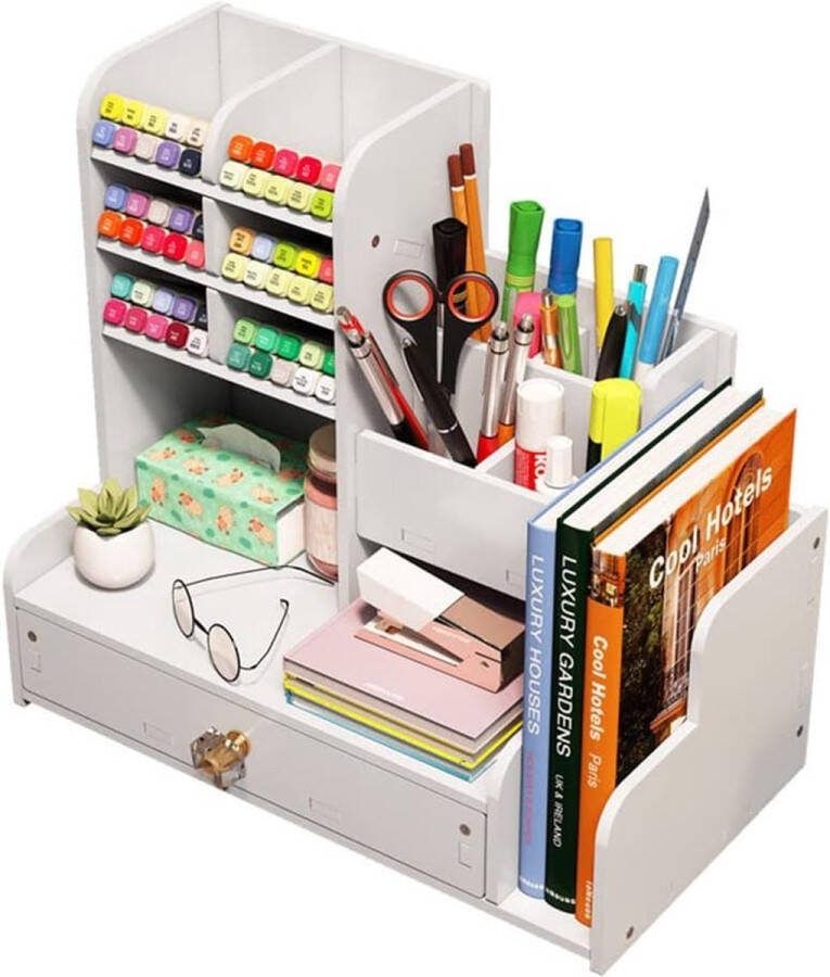 LitaLife Sterke en Stevige Make-up Organizer Bureau Organizer met Lade Doe-Het-Zelf Witte Pennenhouder Bureau Caddy voor Kantoorartikelen voor Thuis Kantoor en School