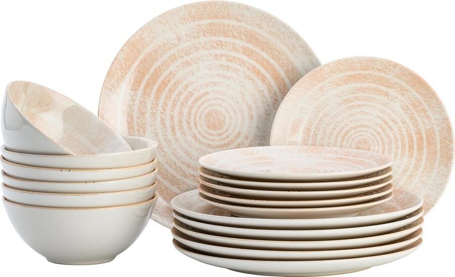 Lite-Body Serviesset Hermes -Wit roze peach 6 persoons 18 delig Bordenset Ontbijtborden Dinerborden Kommen Servies Vaatwasser- en Magnetronbestendig Chic en Trendy