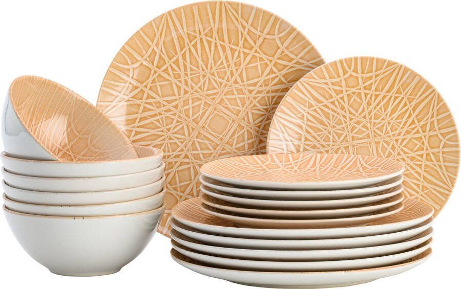 Lite-Body Serviesset Hermes -Bamboo peach 6 persoons 18 delig Bordenset Ontbijtborden Dinerborden Kommen Servies Vaatwasser- en Magnetronbestendig Chic en Trendy