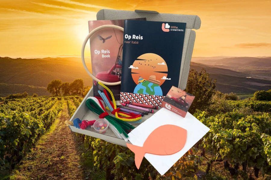 Little Creations Autobox Op reis Italie Vakantie Knutselbox Voor Op Reis IT Autobox voor onderweg Italië Spelletjes voor kinderen onderweg Autospel Autobingo Reisspel