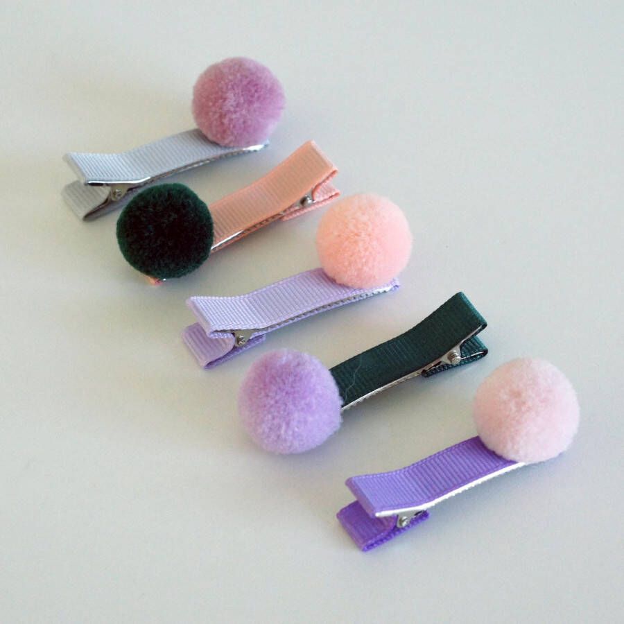 Little Rabbit Haarspeldjes meisje pompom kind roze paars lila- groen perzik 5 stuks haarclips