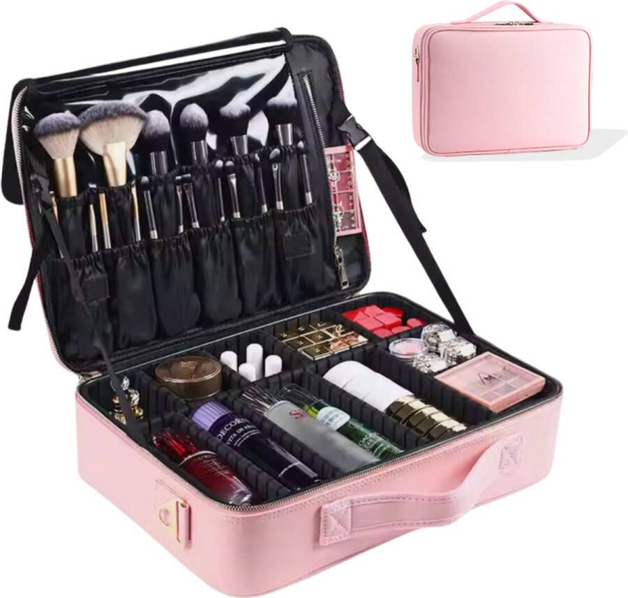 Lives Premium Cosmetica Koffer Make up Koffer Met Verstelbare Vakken Waterafstotend 37x26x11 Kristal Roze