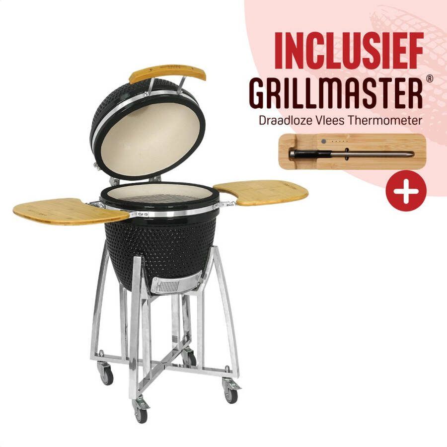 Livin' Kamado 18 Inch Kamadobarbecues Kamado bbq Kamado houtskool Kamadobarbecues Houtskoolbarbecues Keramisch Inclusief onderstel Hoge Kwaliteit Keramiek Inclusief Thermometer Zwart