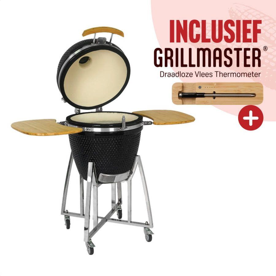 Livin' Kamado 21 Inch Kamadobarbecues Kamado bbq Kamado houtskool Kamadobarbecues Houtskoolbarbecues Keramisch Inclusief onderstel Hoge Kwaliteit Keramiek Inclusief Thermometer Zwart