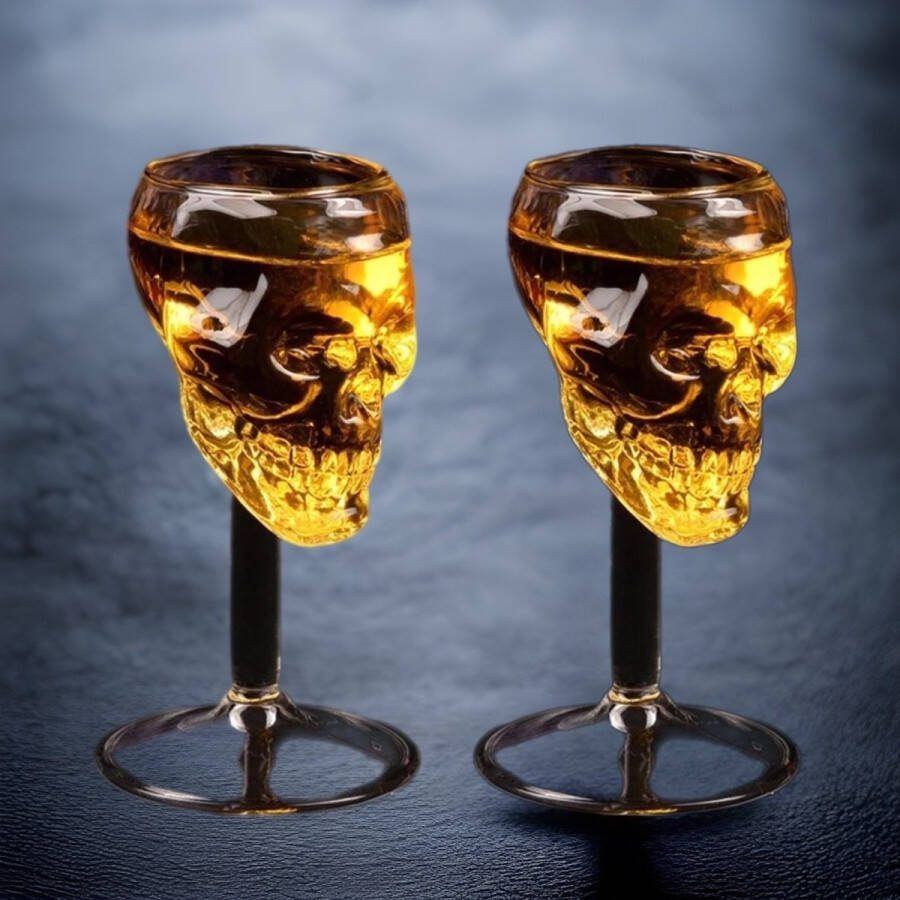 Living by ROKA Set van 2 doodskop glazen Doodskop wijnglas Doodskop champagneglas Doodskop mixdrankglas Whiskey glas Luxe wijnglas Luxe champagneglas Luxe mixdrankglas Cocktailglas Skull glas Party glas Halloween Themafeest