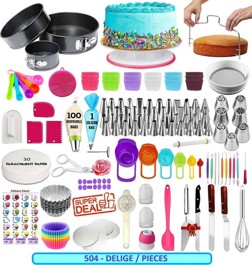 LivingHub 504 Delige Taart en Cake Decoratie Set Taart Bakken Accessoires Set – Taartversiering Draaiplateau RVS Spuitmondjes