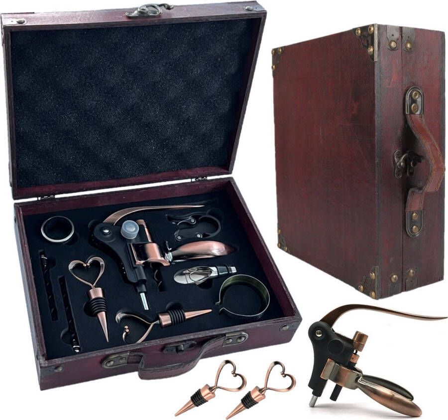 LivingHub Luxe Kurkentrekker en Wijnaccessoires Set 9 in 1 Wijnopener Flessenopener Vintage Stijl Geschenkdoos Cadeautip