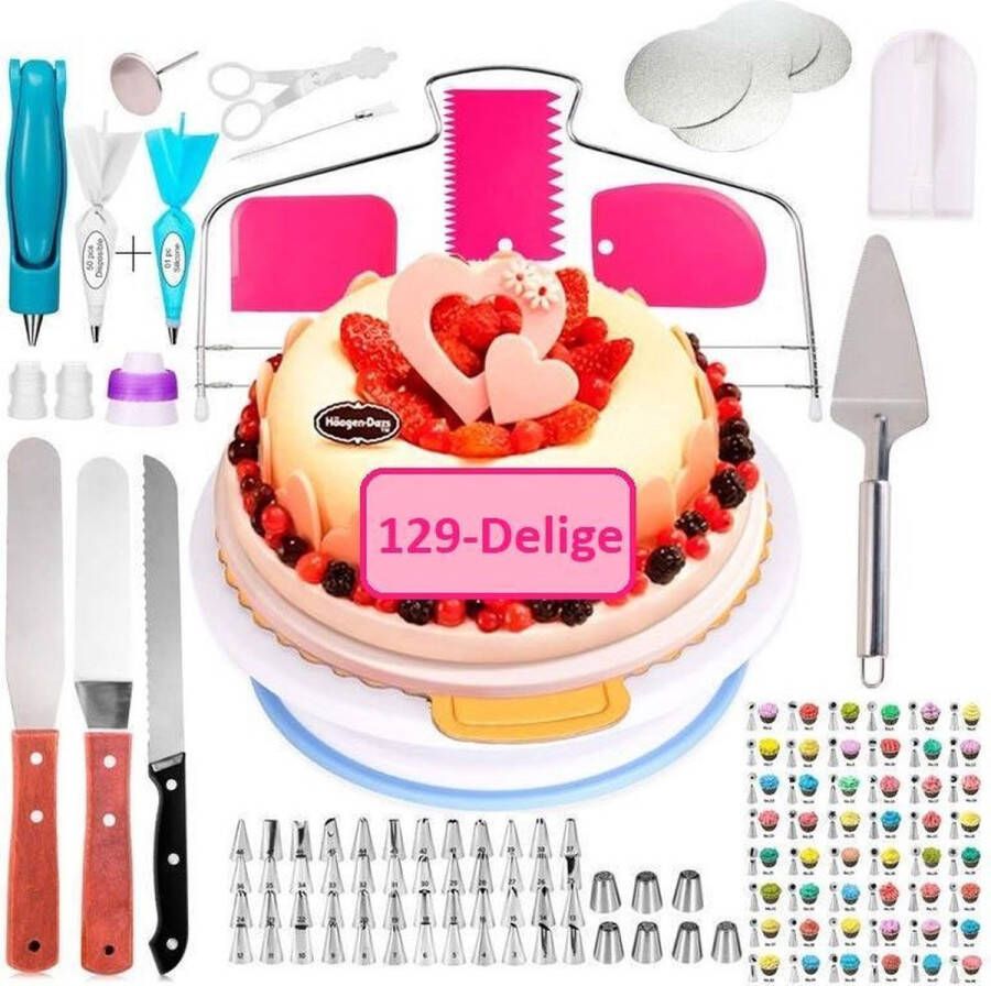 LivingHub Taart en Cake Decoratie Set – Taart Bakken Accessoires Set – Taartversiering Draaiplateau RVS Spuitmondjes 129 Delige