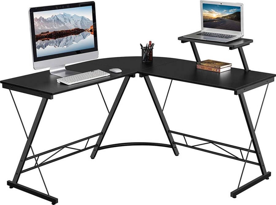 Livingsigns Computertafel hoekbureau in L-vorm werktafel bureautafel PC-speltafel met houten monitorstandaard 130 x 130 x 96.5 cm zwart