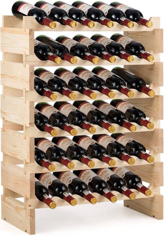 Livingsigns Wijnrek 36 Flessen rek met grote capaciteit houten wijn opslag standaard wijn houder en display plank 6-laags stapelbare wijn kast vrij staande flessen kast voor dranken organiseren