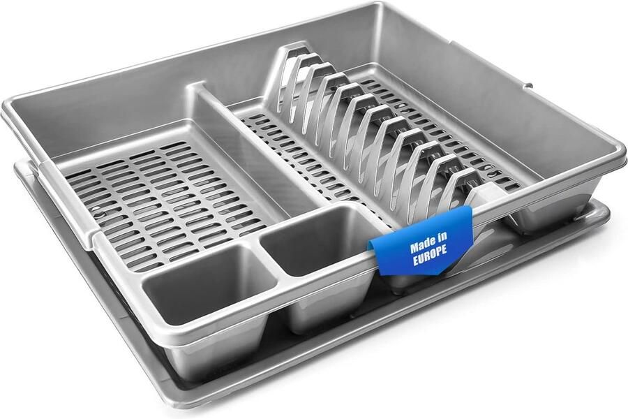 Livran Afdruiprek Grijs Combi Inclusief Afwasborstel Schuurspons Theedoek en Vaatdoek Lekbak Met Kliksysteem