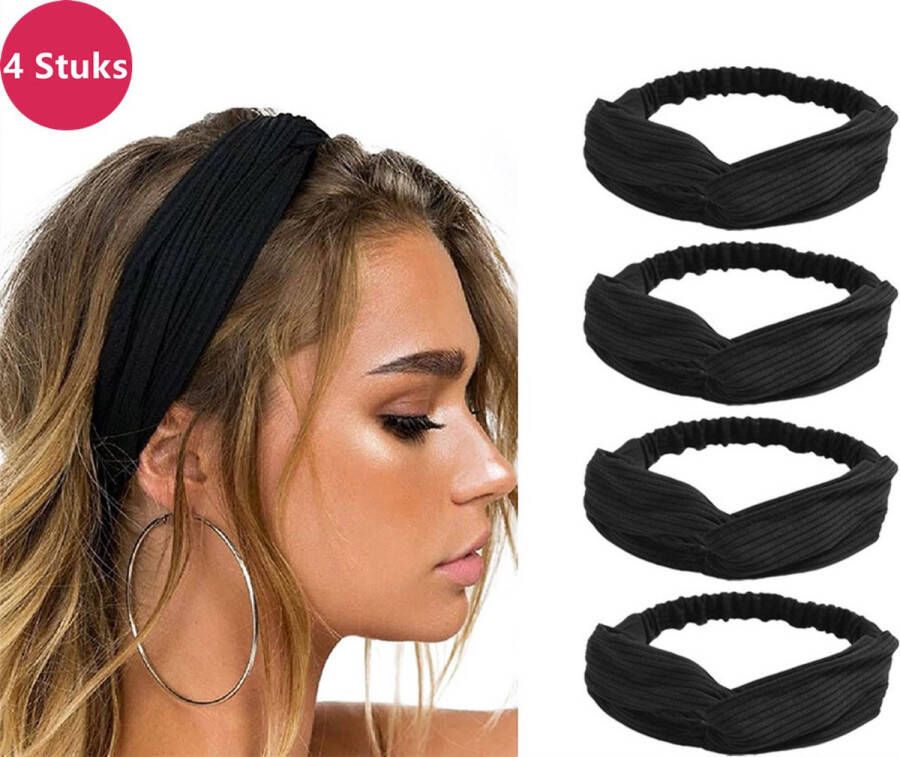 LIXIN Set van 4 stuks Dames haarbanden Kleur 10 Audrey Black Knoop cross knitted haarbanden Dames Haarband volwassenen Elastisch Vrouwen Meisjes Yoga Haaraccessoires