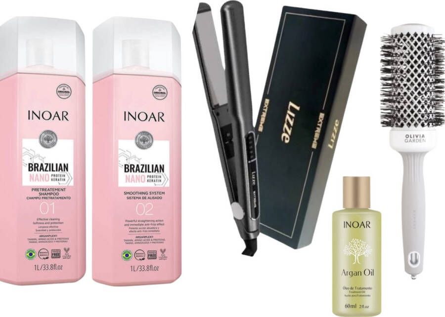 Lizze titanio NIEUW! Inoar Brazilian Nano Proteïn Keratin KIT 2X1000ML & Lizze Extreme Titânio 250° C stijltang & Olivia Garden Borstel & Inoar haarolie 60 ml