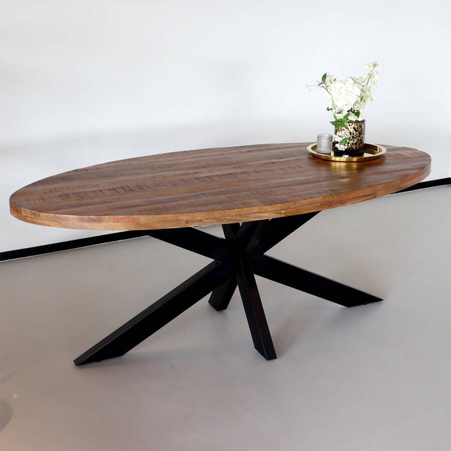 Lizzely Garden & Living Eettafel ovaal mangohout 200cm James bruin ovale industriële tafel duurzaam mango eetkamertafel