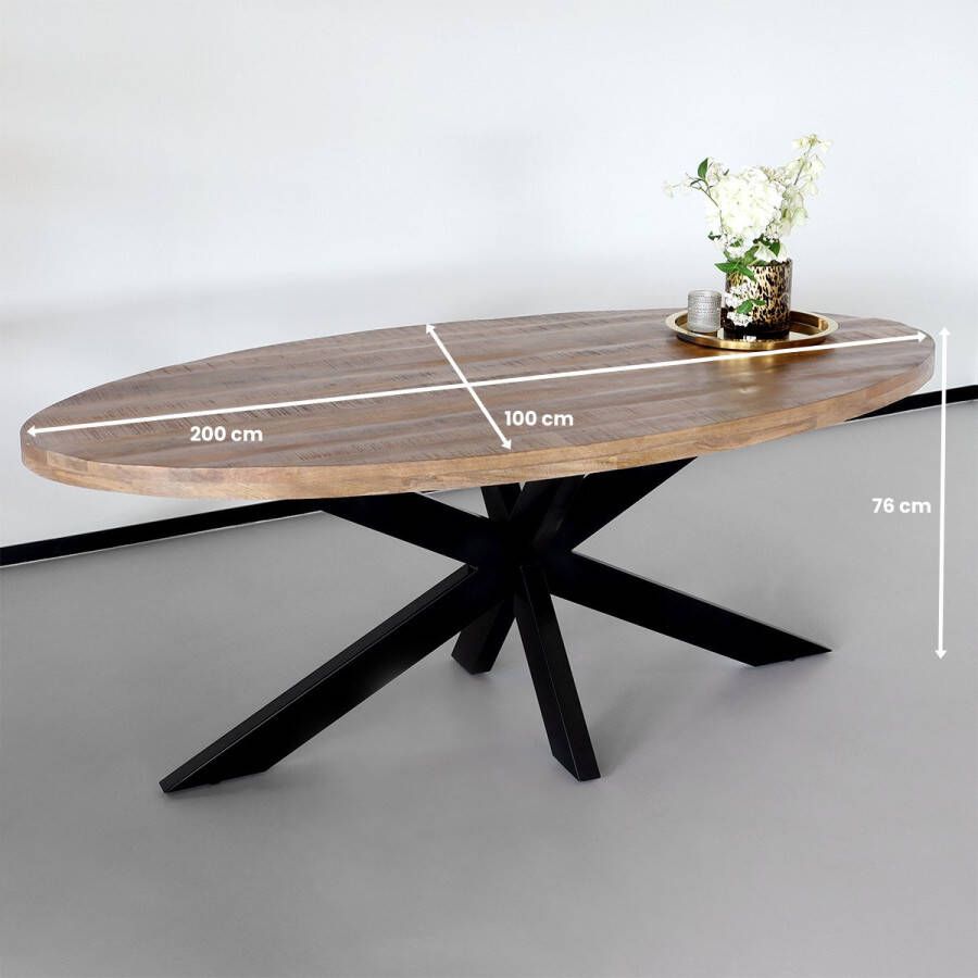 Lizzely Garden & Living Eettafel ovaal mangohout 200cm James lichtbruin ovale industriële tafel duurzaam mango eetkamertafel