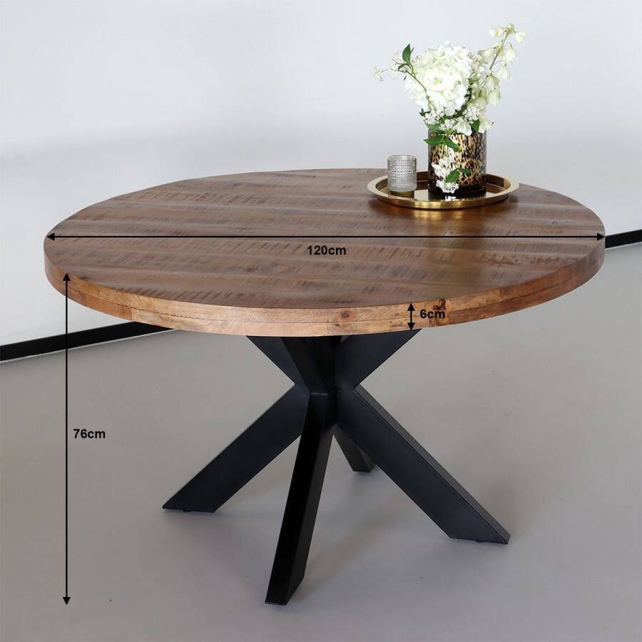 Lizzely Garden & Living Eettafel rond mangohout 120cm Jones bruin ronde industriële tafel duurzaam mango eetkamertafel