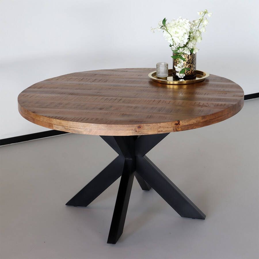 Lizzely Garden & Living Eettafel rond mangohout 130cm Jones bruin ronde industriële tafel duurzaam mango eetkamertafel