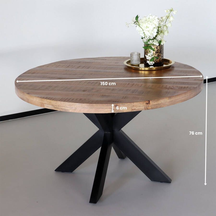 Lizzely Garden & Living Eettafel rond mangohout 150cm Jones lichtbruin ronde industriële tafel duurzaam mango eetkamertafel