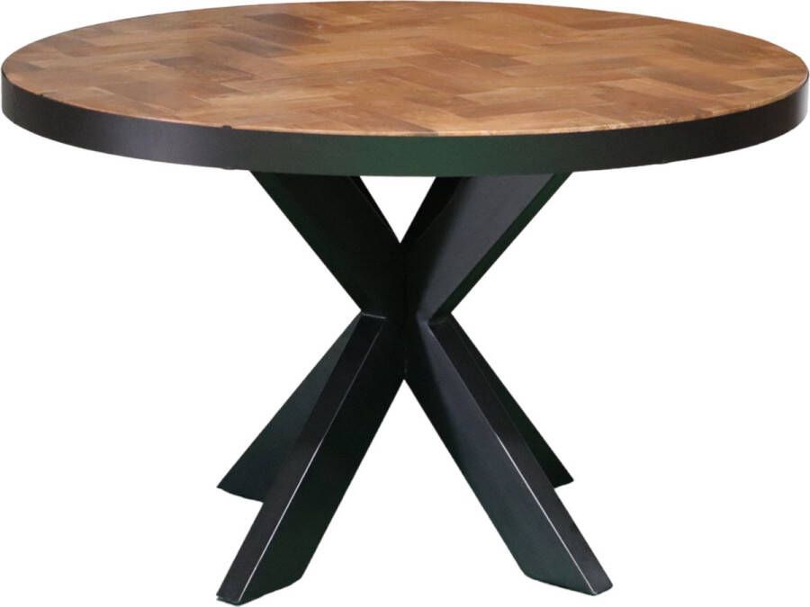 Lizzely Garden & Living Eettafel rond mangohout visgraat 120cm Avelyn bruin ronde industriële tafel duurzaam mango eetkamertafel