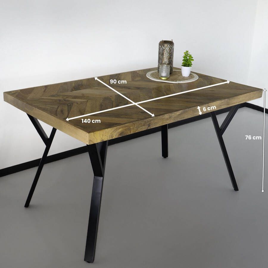 Lizzely Garden & Living Eettafel visgraat Danae 140x90cm tafel rechthoekig duurzaam mangohout mango eetkamertafel