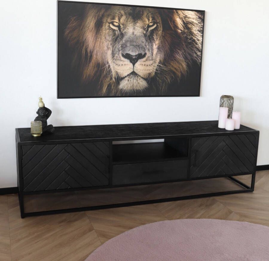 Lizzely Garden & Living TV meubel industrieel mangohout Danae zwart visgraat 180cm tv kast duurzaam mango massief hout tv-meubel
