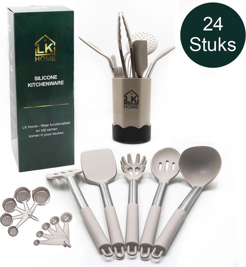 LK HOME LUXE Siliconen RVS Keukengerei Kaki crème 24 stuks keukentools kookgerei keukenaccessoires siliconen RVS spatel met houder emmer