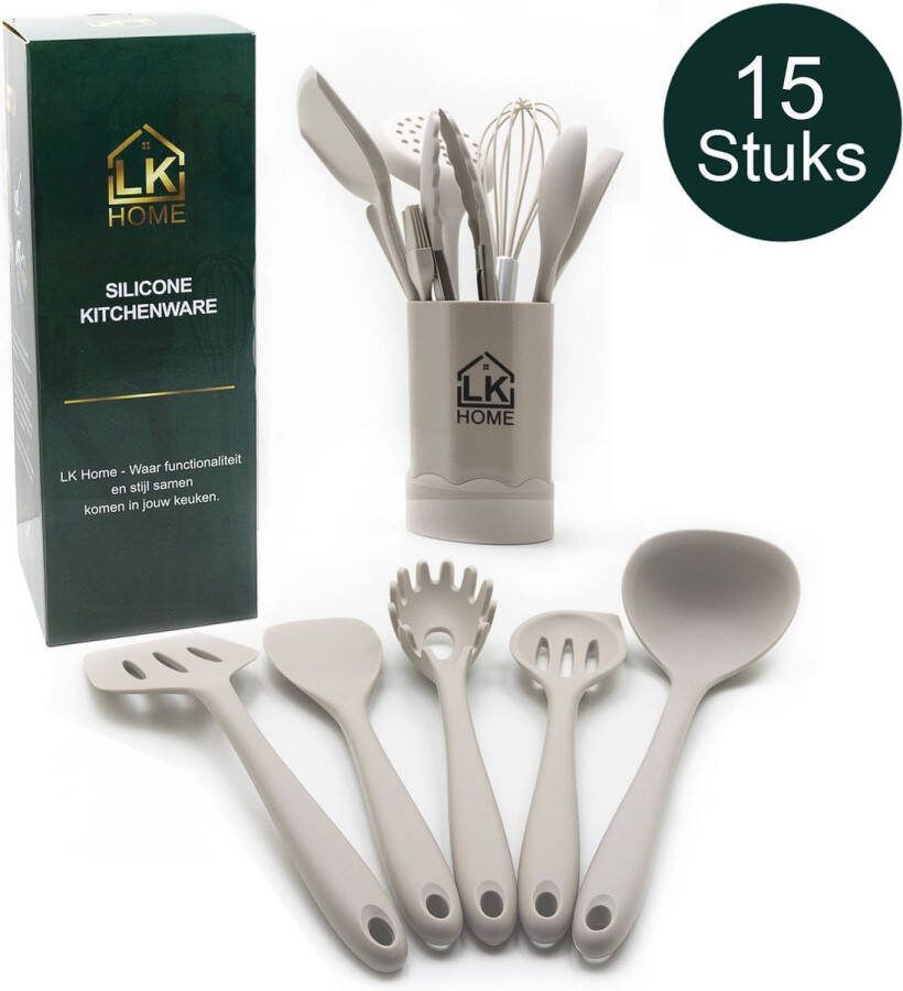 LK HOME LUXE Siliconen Keukengerei crème kaki 15 Stuks Keukentools Kookgerei Keukenaccessoires Siliconen Spatel met houder emmer