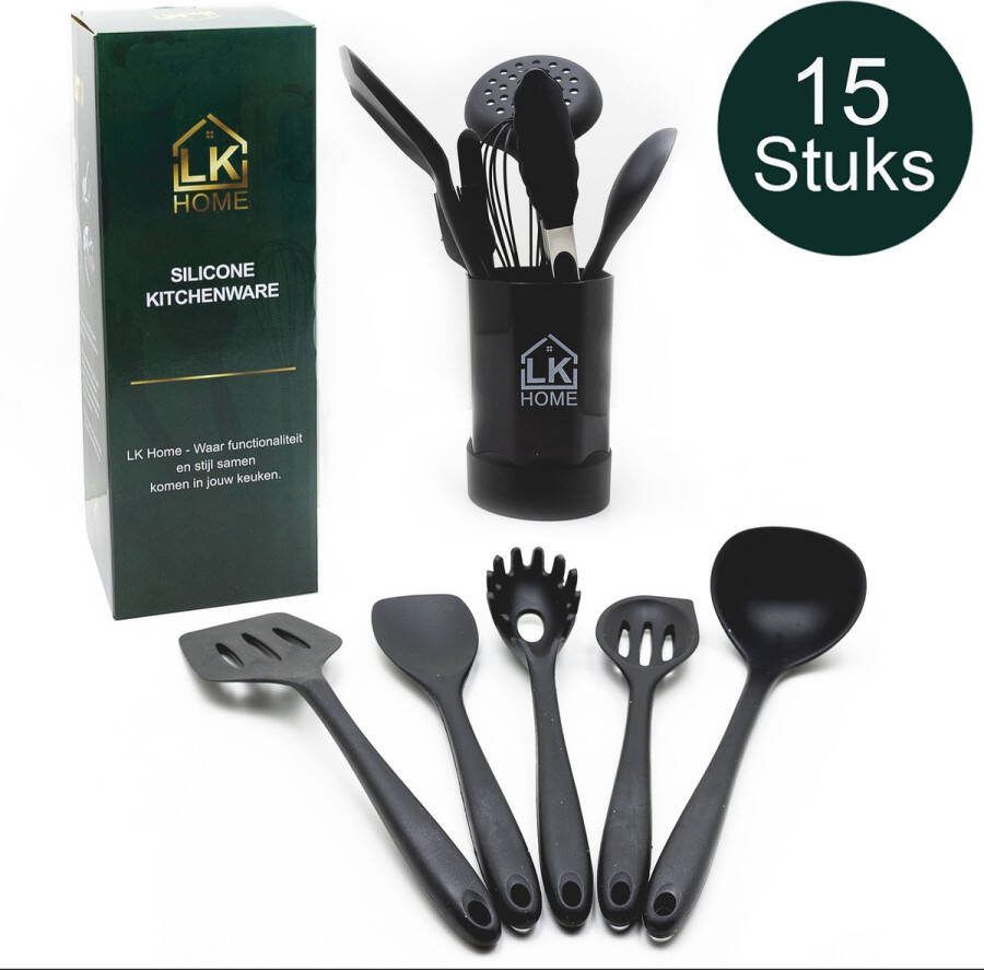 LK HOME LUXE Siliconen Keukengerei zwart 15 Stuks Keukentools Kookgerei Keukenaccessoires Siliconen Spatel met houder emmer