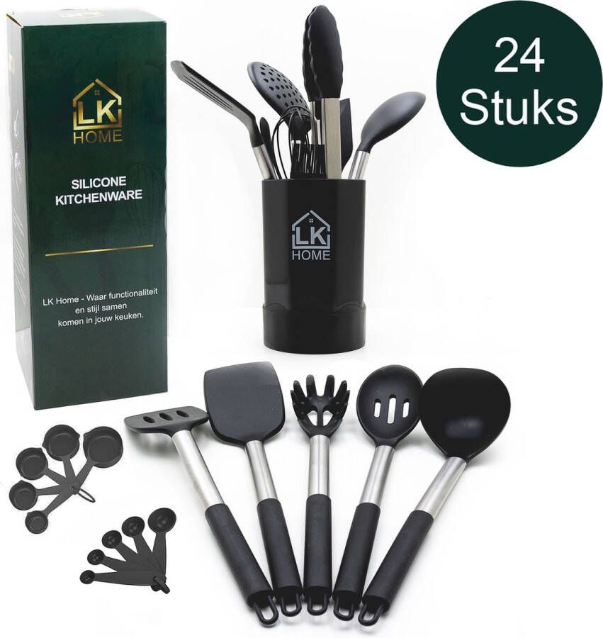 LK HOME LUXE Siliconen RVS Keukengerei zwart 24 stuks keukentools kookgerei keukenaccessoires siliconen RVS spatel met houder emmer