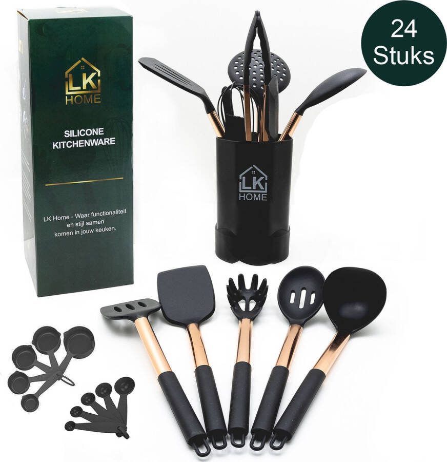 LK HOME LUXE zwart ( Rose ) goud siliconen RVS keukengerei 24 stuks keukentools kookgerei keukenaccessoires siliconen RVS spatel met houder emmer