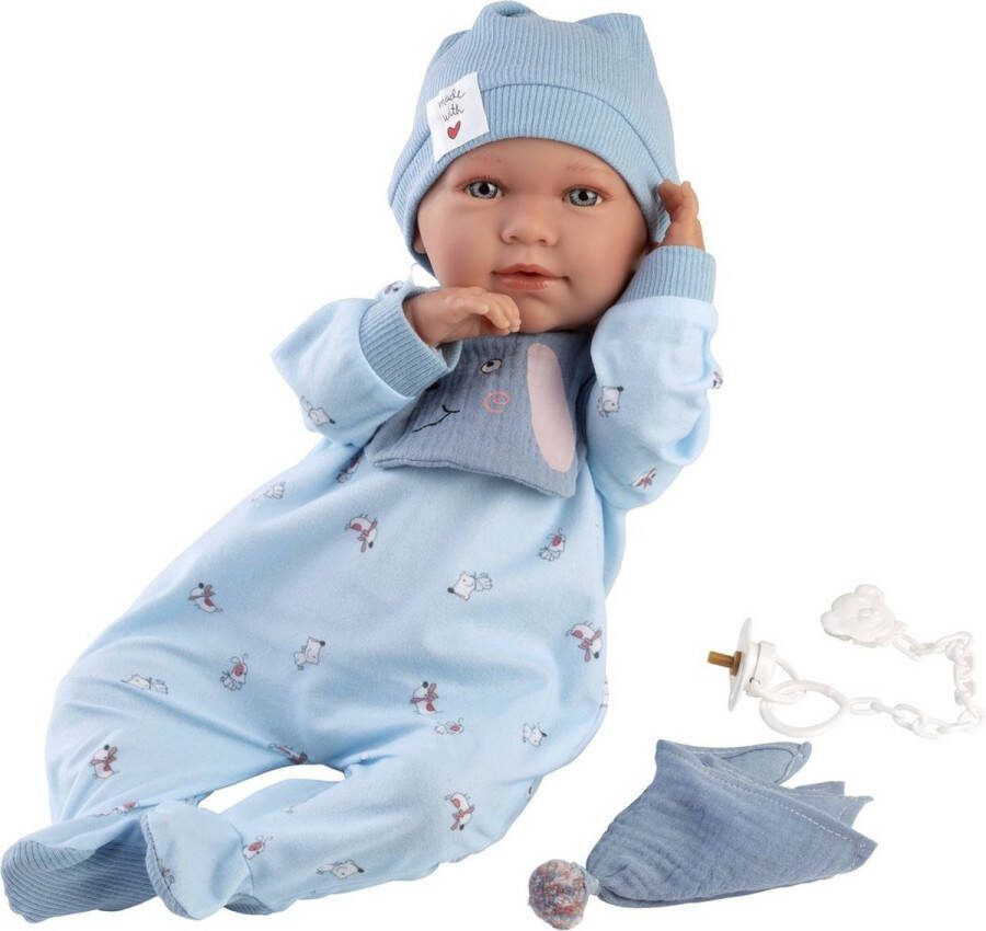 Llorens Huilende Babypop Mimo Blauw met Slabbetje Knuffeldoek en geluid 42cm