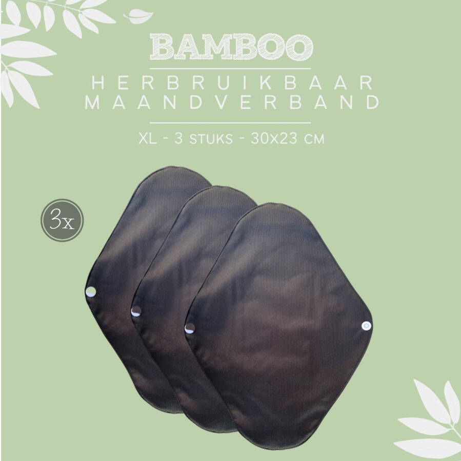 LM Wasbaar Maandverband Zwart Verstelbaar 3-laags Bamboo Zero Waste duurzaam herbruikbaar (set van 3 stuks)
