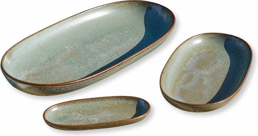Loberon Serveerschaal set van 3 Biarré turquoise bruin
