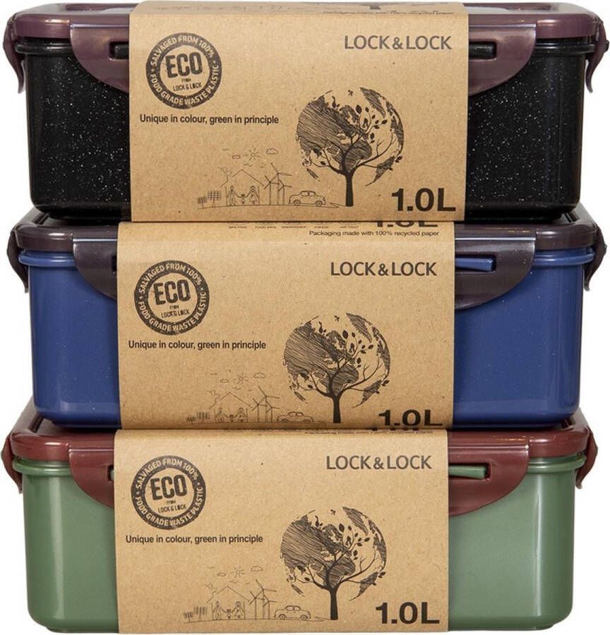 Lock&Lock ECO Vershoudbakjes set met deksel Meal prep bakjes Diepvriesbakjes Diepvriesdozen Bewaarbakjes Bewaardozen voedsel Vershouddoos Lunchbox 1 liter Luchtdicht Duurzaam Zero waste 100% gerecycled plastic Set 3 stuks